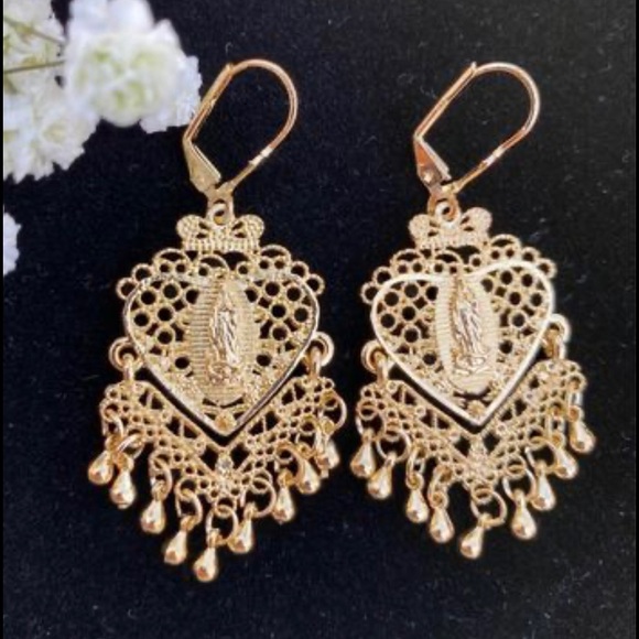 Jewelry - 18k Gold Filled Filigree Virgin Guadalupe earrings/Aretes Filigrana Oro Laminado